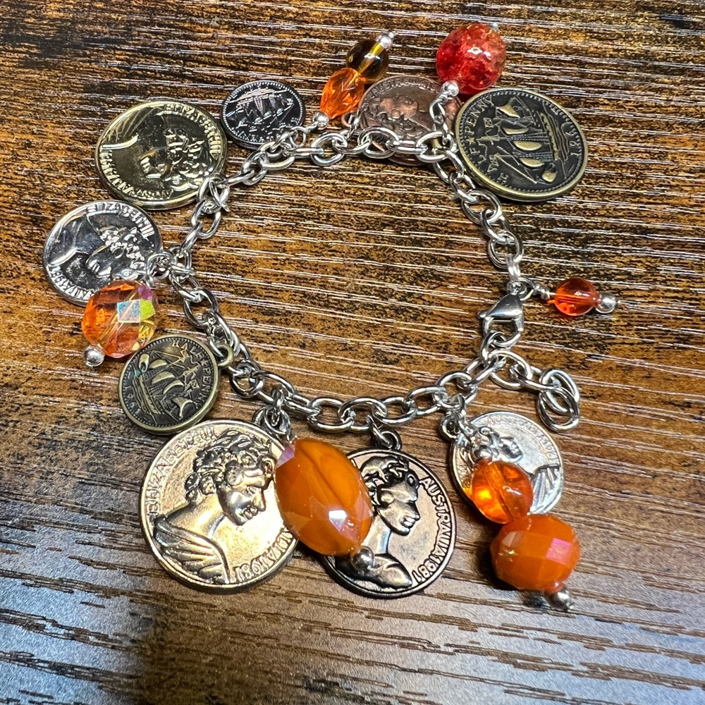 Chic Coin Charm Bracelet with Orange Beads